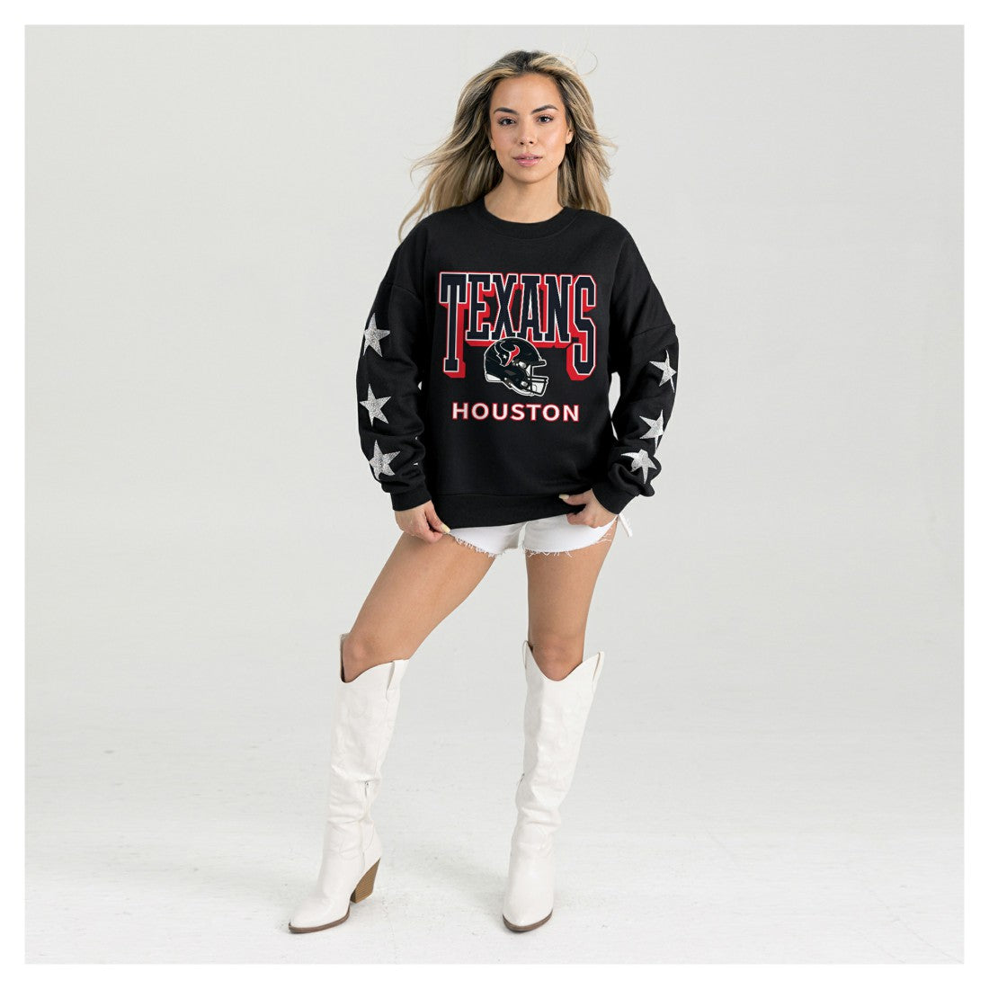 Houston Texans Gameday Couture Women's Pure Victory Rhinestud Star-Sleeve Pullover Sweatshirt - Black - NFL