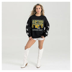 Green Bay Packers Gameday Couture Women's Pure Victory Rhinestud Star-Sleeve Pullover Sweatshirt - Black - NFL