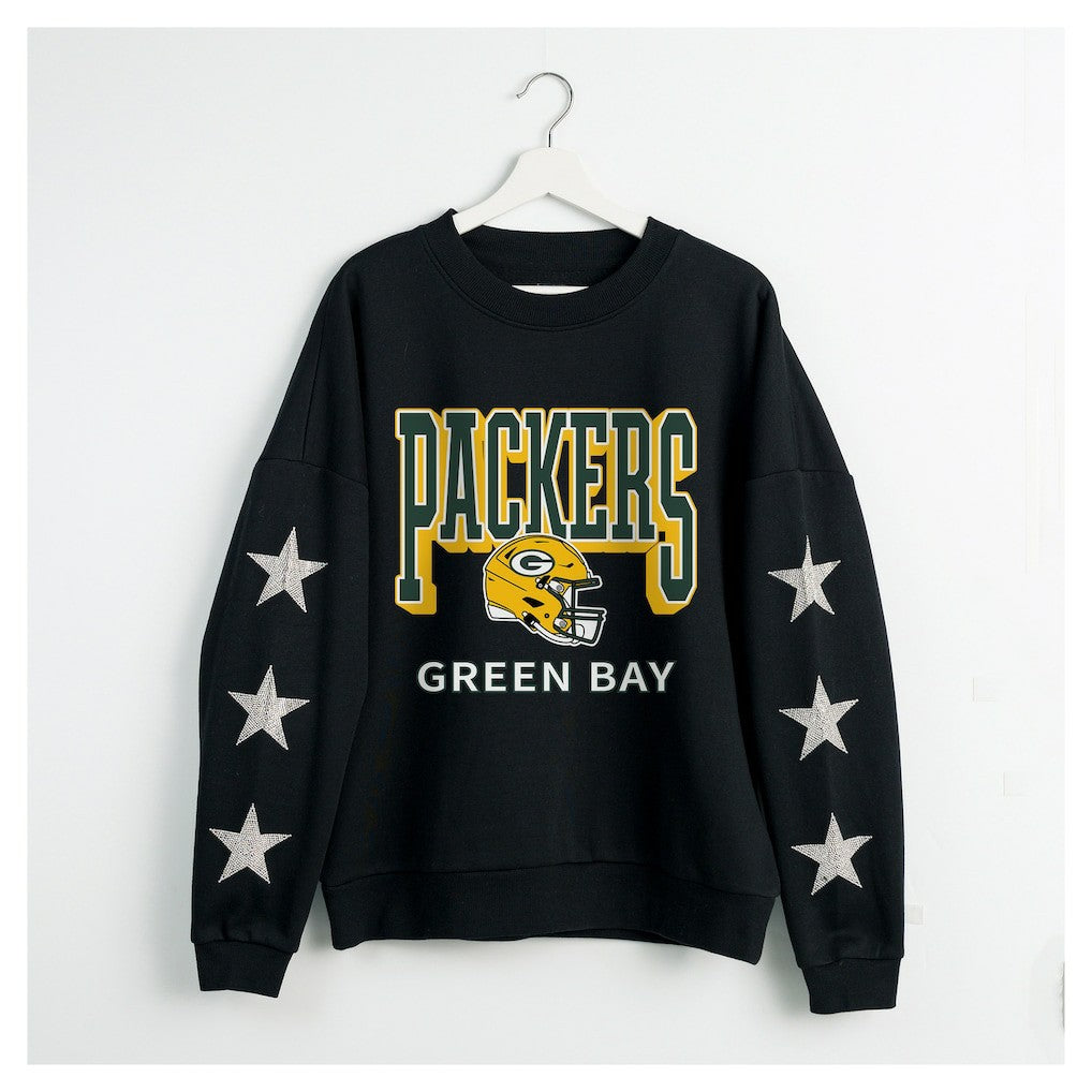Green Bay Packers Gameday Couture Women's Pure Victory Rhinestud Star-Sleeve Pullover Sweatshirt - Black - NFL