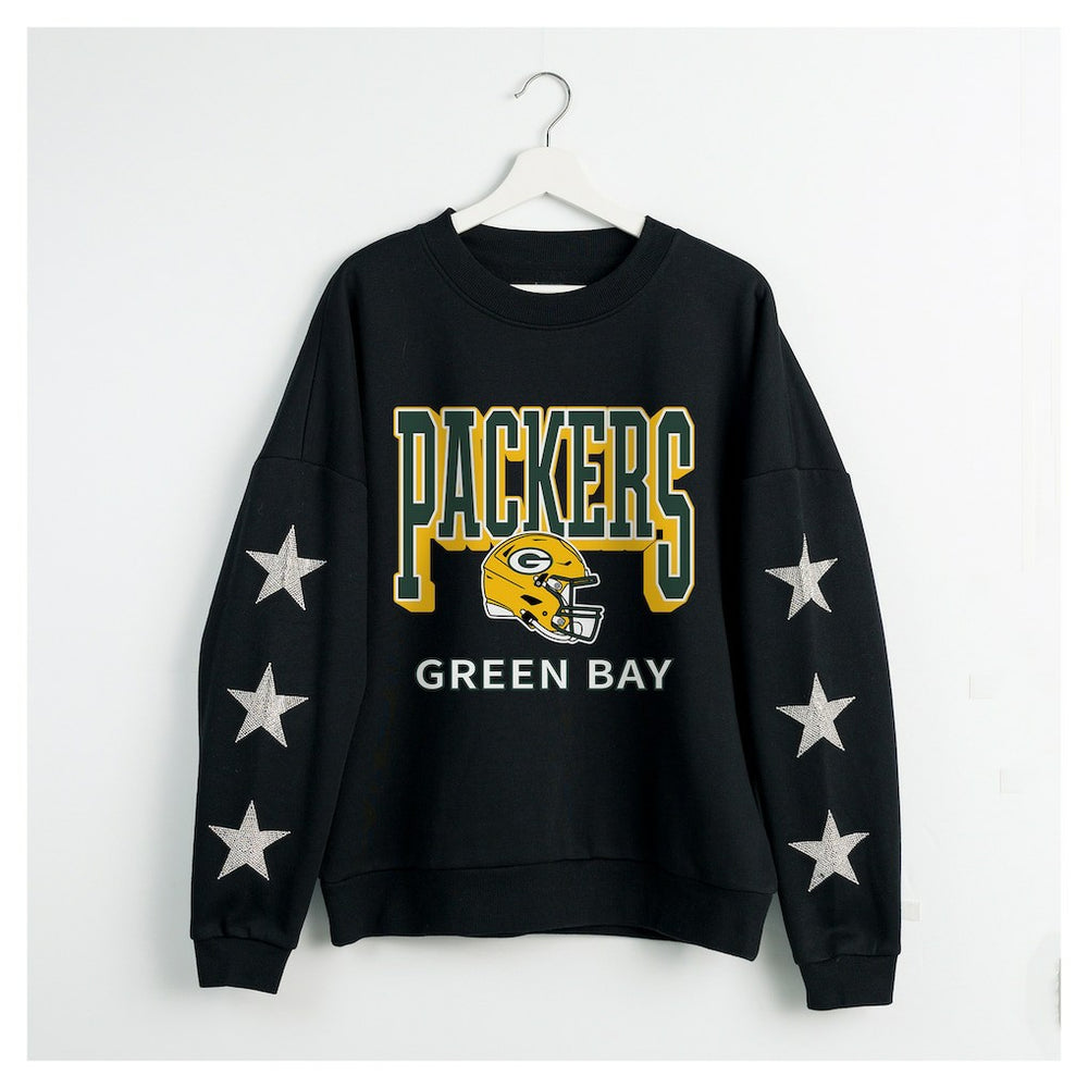 Green Bay Packers Gameday Couture Women's Pure Victory Rhinestud Star-Sleeve Pullover Sweatshirt - Black - NFL