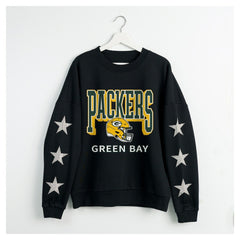 Green Bay Packers Gameday Couture Women's Pure Victory Rhinestud Star-Sleeve Pullover Sweatshirt - Black - NFL