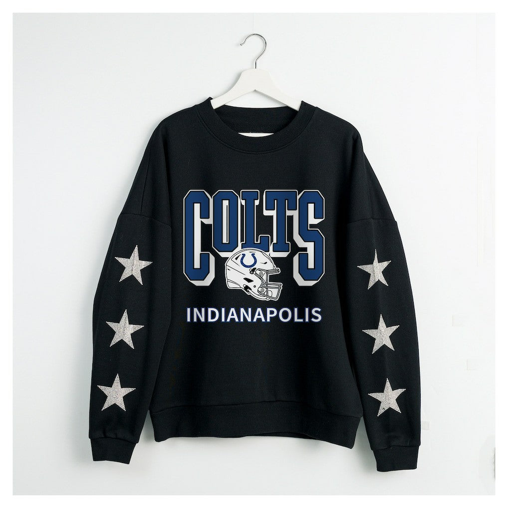 Indianapolis Colts Gameday Couture Women's Pure Victory Rhinestud Star-Sleeve Pullover Sweatshirt - Black - NFL