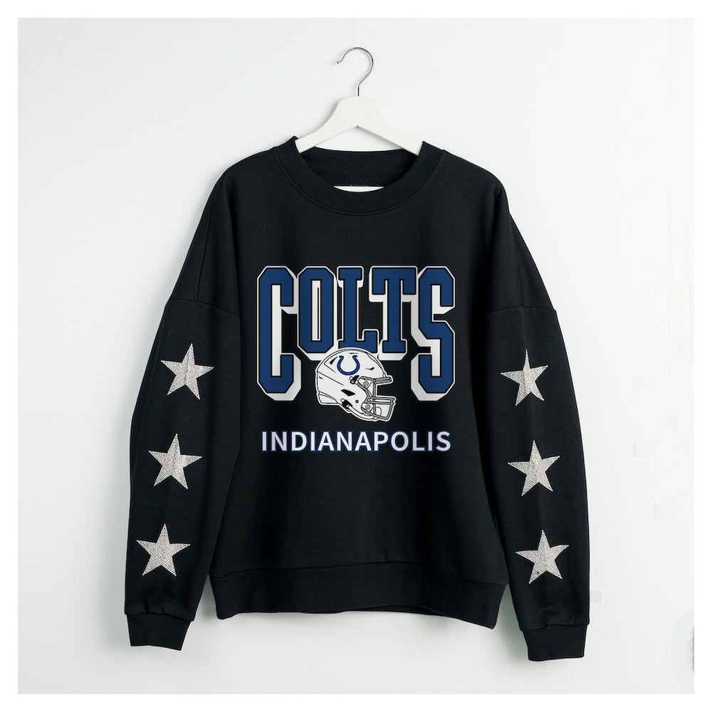 Indianapolis Colts Gameday Couture Women's Pure Victory Rhinestud Star-Sleeve Pullover Sweatshirt - Black - NFL