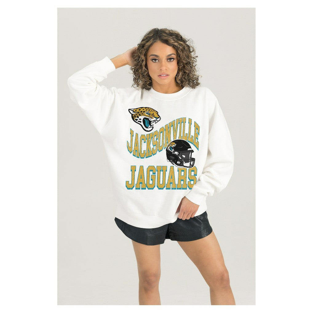 Jacksonville Jaguars Gameday Couture Women's Oversized Hard Earned Premium Fleece Pullover Sweatshirt - White - NFL