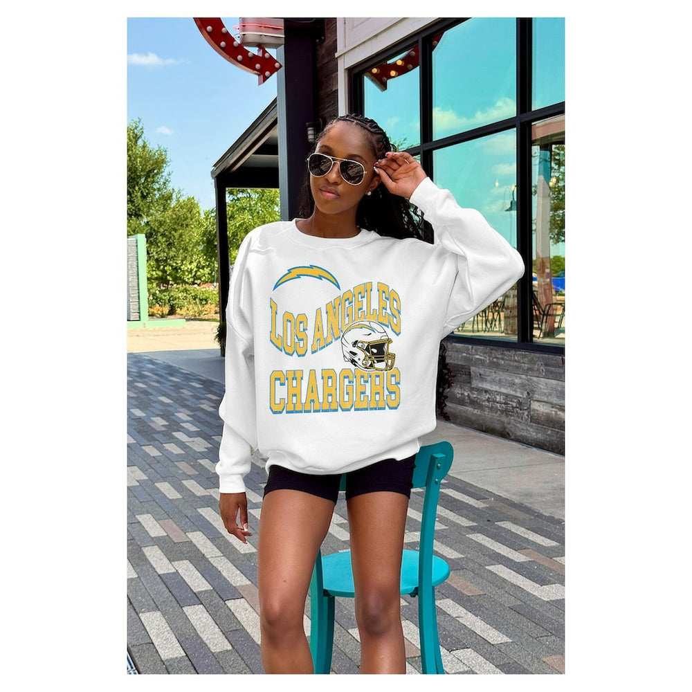 Los Angeles Chargers Gameday Couture Women's Oversized Hard Earned Premium Fleece Pullover Sweatshirt - White - NFL
