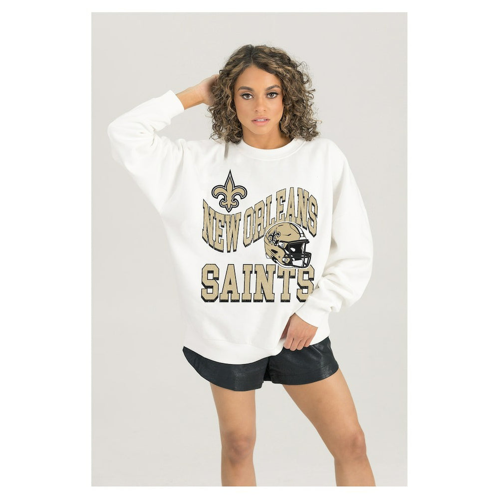 New Orleans Saints Gameday Couture Women's Oversized Hard Earned Premium Fleece Pullover Sweatshirt - White - NFL