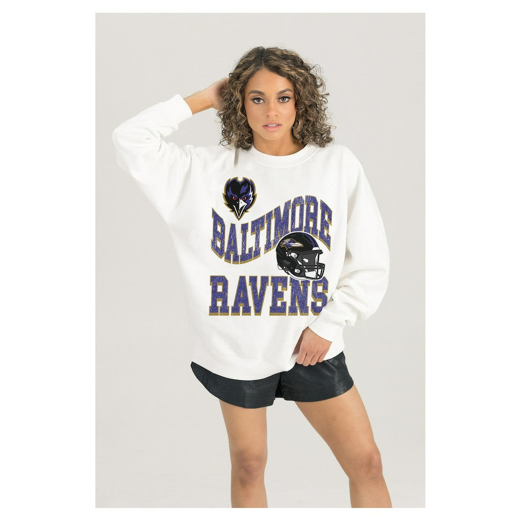 Baltimore Ravens Gameday Couture Women's Oversized Hard Earned Premium Fleece Pullover Sweatshirt - White - NFL