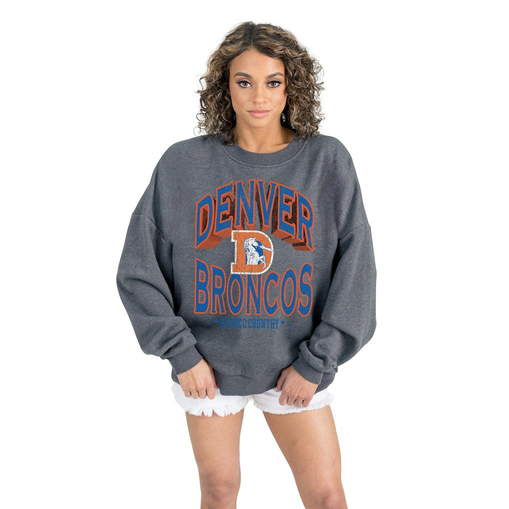 Denver Broncos Gameday Couture Women's Long Weekends Oversized Premium Fleece Pullover Sweatshirt - Charcoal - NFL