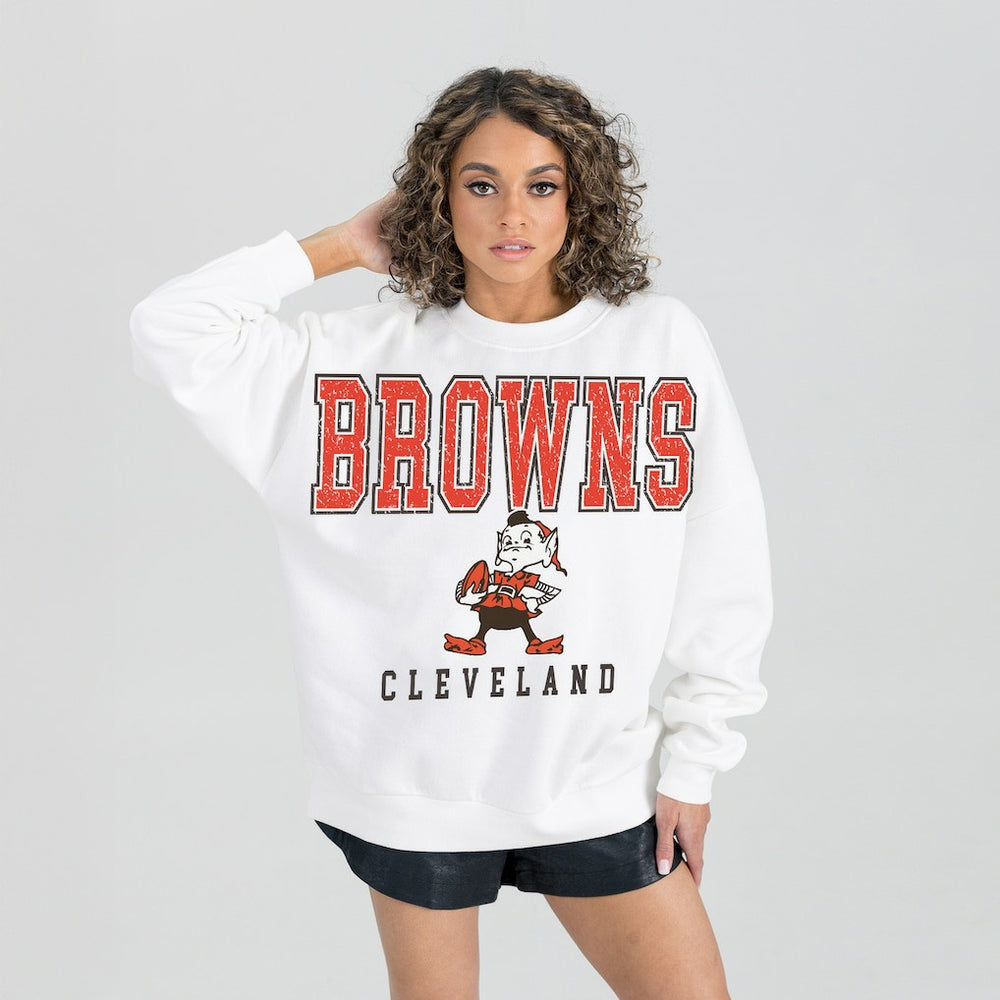 Cleveland Browns Gameday Couture Women's Classic Sunday Drives Oversized Premium Fleece Pullover Sweatshirt - White - NFL