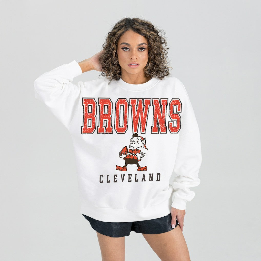 Cleveland Browns Gameday Couture Women's Classic Sunday Drives Oversized Premium Fleece Pullover Sweatshirt - White - NFL