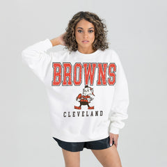 Cleveland Browns Gameday Couture Women's Classic Sunday Drives Oversized Premium Fleece Pullover Sweatshirt - White - NFL