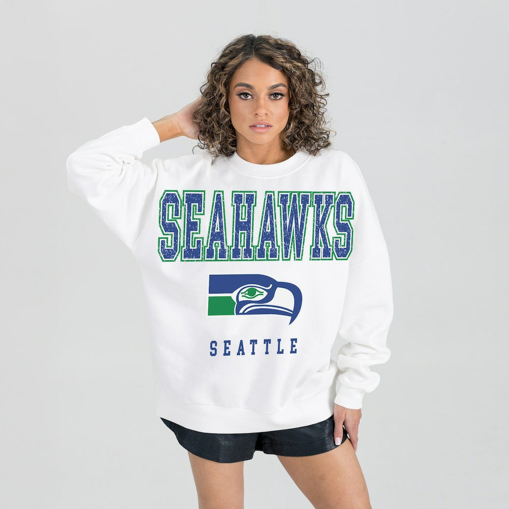 Seattle Seahawks Gameday Couture Women's Classic Sunday Drives Oversized Premium Fleece Pullover Sweatshirt - White - NFL