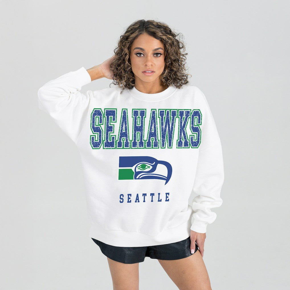 Seattle Seahawks Gameday Couture Women's Classic Sunday Drives Oversized Premium Fleece Pullover Sweatshirt - White - NFL