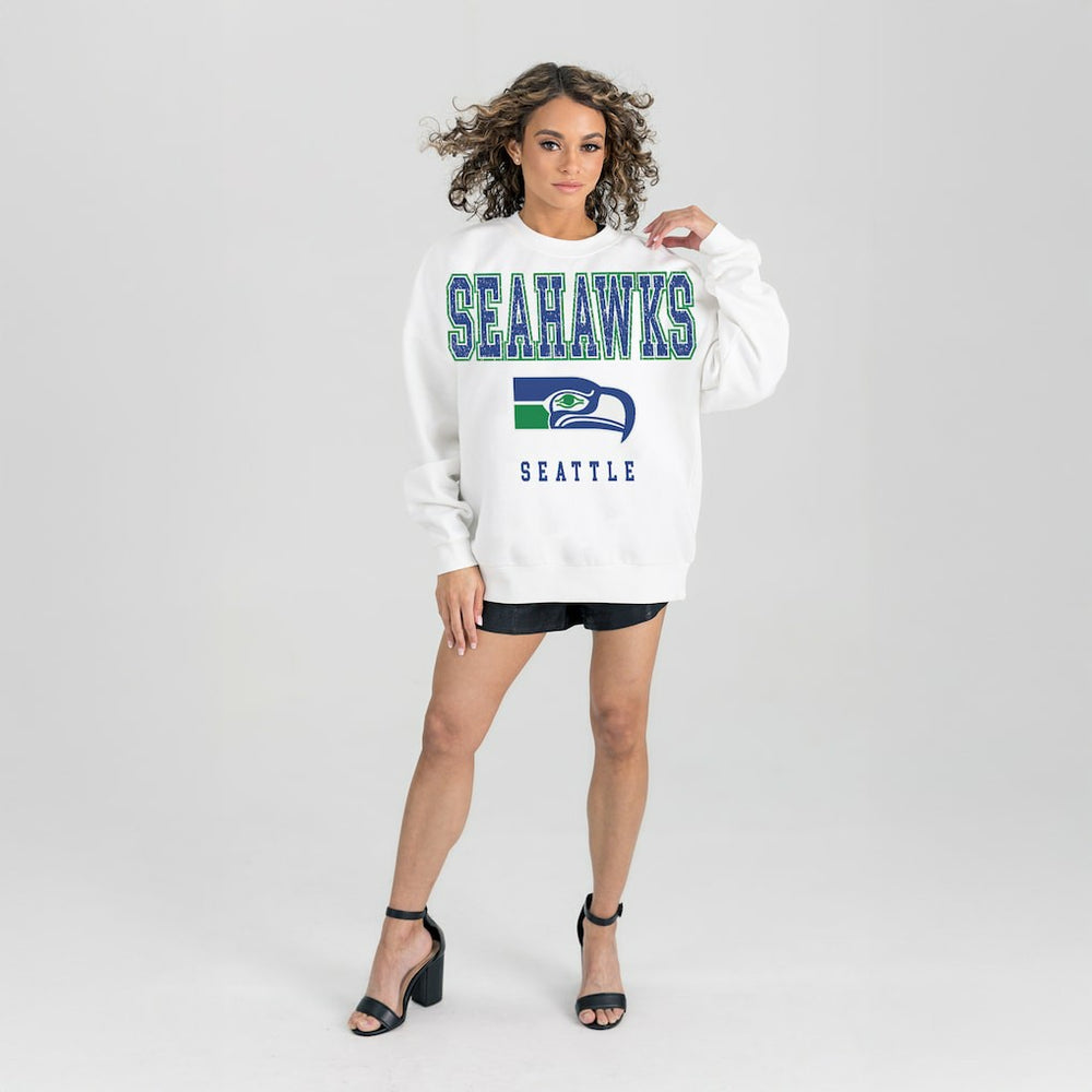 Seattle Seahawks Gameday Couture Women's Classic Sunday Drives Oversized Premium Fleece Pullover Sweatshirt - White - NFL