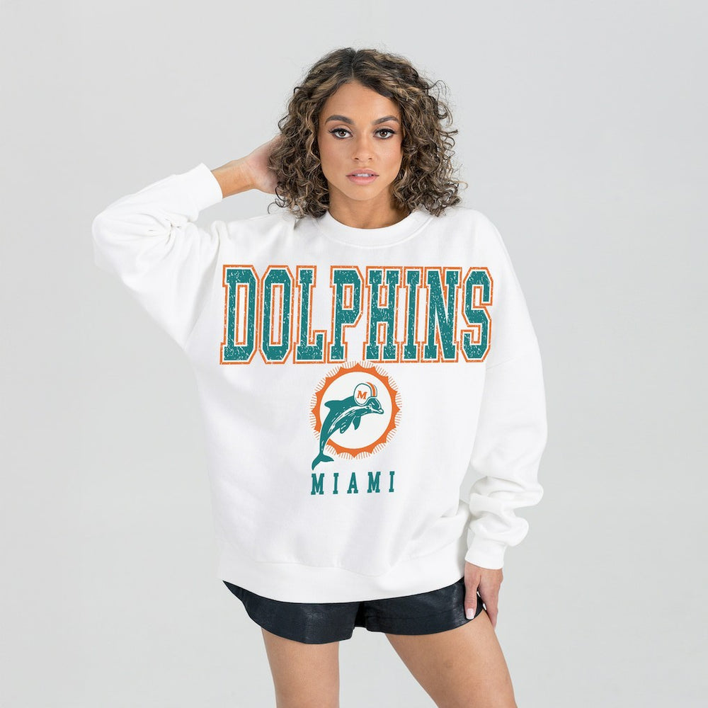 Miami Dolphins Gameday Couture Women's Classic Sunday Drives Oversized Premium Fleece Pullover Sweatshirt - White - NFL