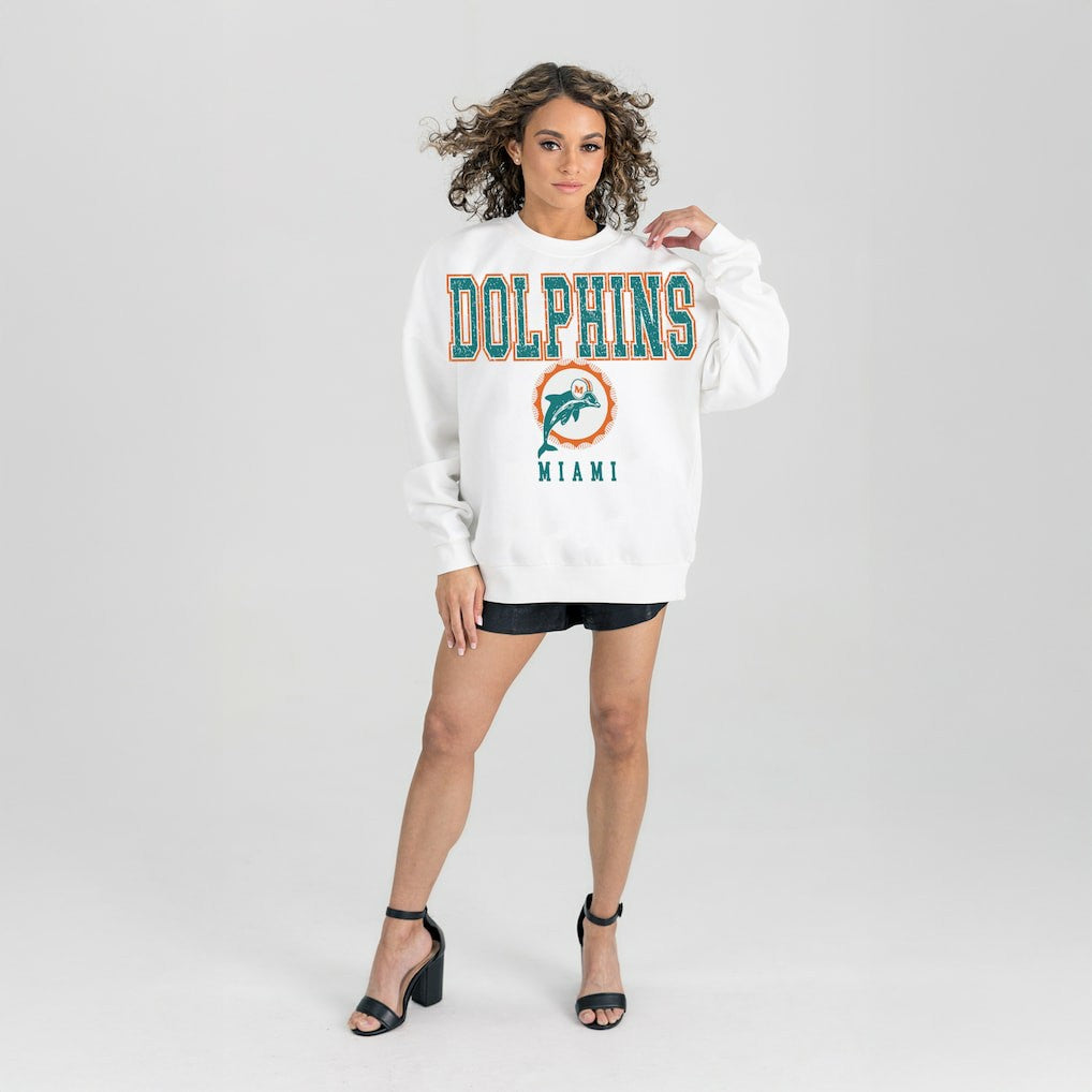 Miami Dolphins Gameday Couture Women's Classic Sunday Drives Oversized Premium Fleece Pullover Sweatshirt - White - NFL