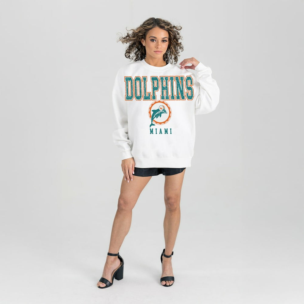 Miami Dolphins Gameday Couture Women's Classic Sunday Drives Oversized Premium Fleece Pullover Sweatshirt - White - NFL