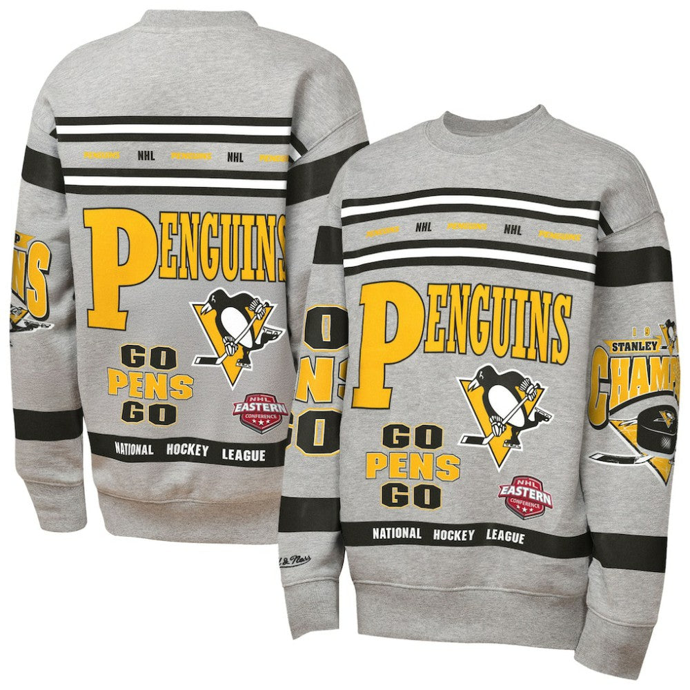 Pittsburgh Penguins Mitchell & Ness Youth Allover Print Fleece Crewneck Sweatshirt - Heather Gray | NHL discount