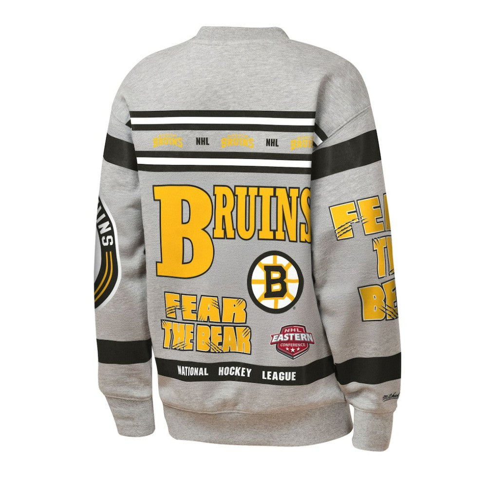 Boston Bruins Mitchell & Ness Youth Allover Print Fleece Crewneck Sweatshirt - Heather Gray | NHL Clearance