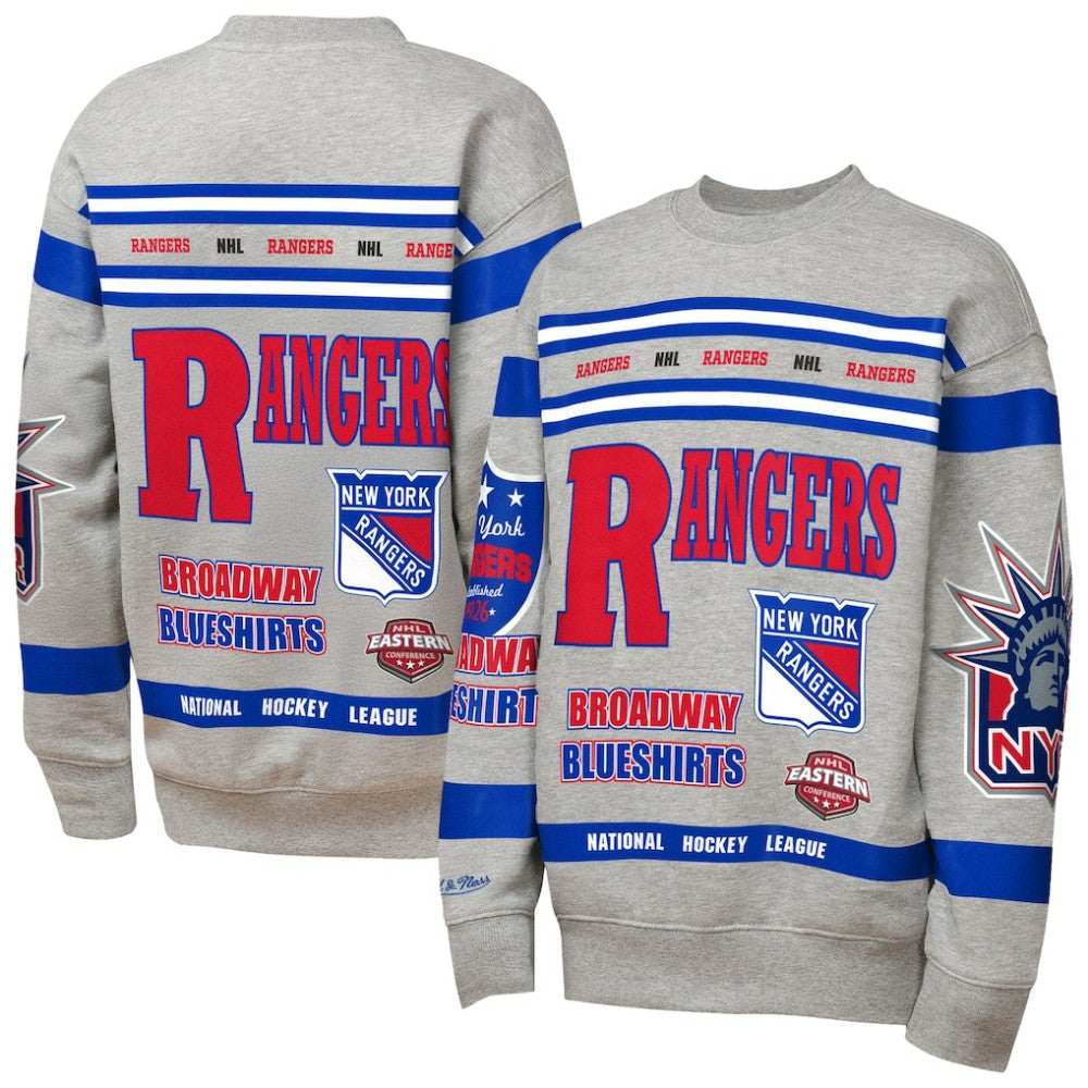 New York Rangers Mitchell & Ness Youth Allover Print Fleece Crewneck Sweatshirt - Heather Gray | NHL Clearance