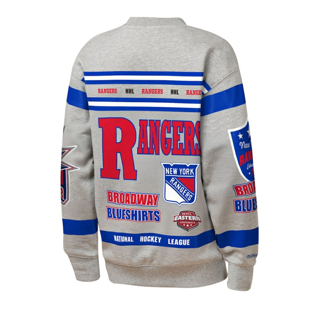 New York Rangers Mitchell & Ness Youth Allover Print Fleece Crewneck Sweatshirt - Heather Gray | NHL Clearance