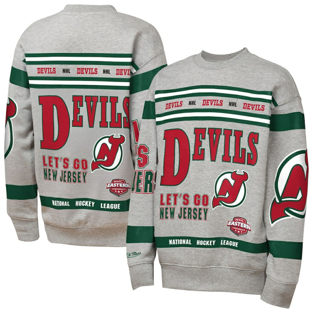 New Jersey Devils Mitchell & Ness Youth Allover Print Fleece Crewneck Sweatshirt - Heather Gray | NHL Lifestyle