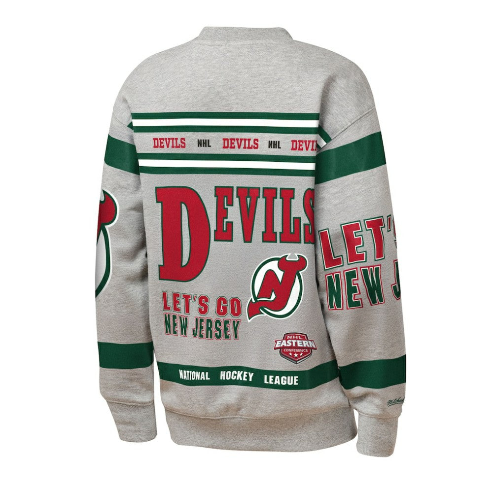 New Jersey Devils Mitchell & Ness Youth Allover Print Fleece Crewneck Sweatshirt - Heather Gray | NHL Lifestyle