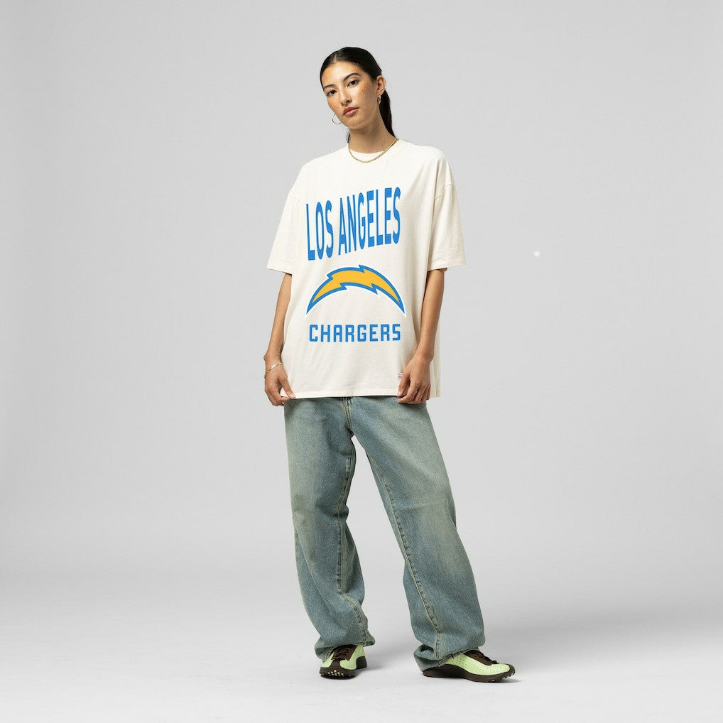 Los Angeles Chargers Women's Logo Rise Boyfriend T-Shirt - Cream - Mitchell & Ness