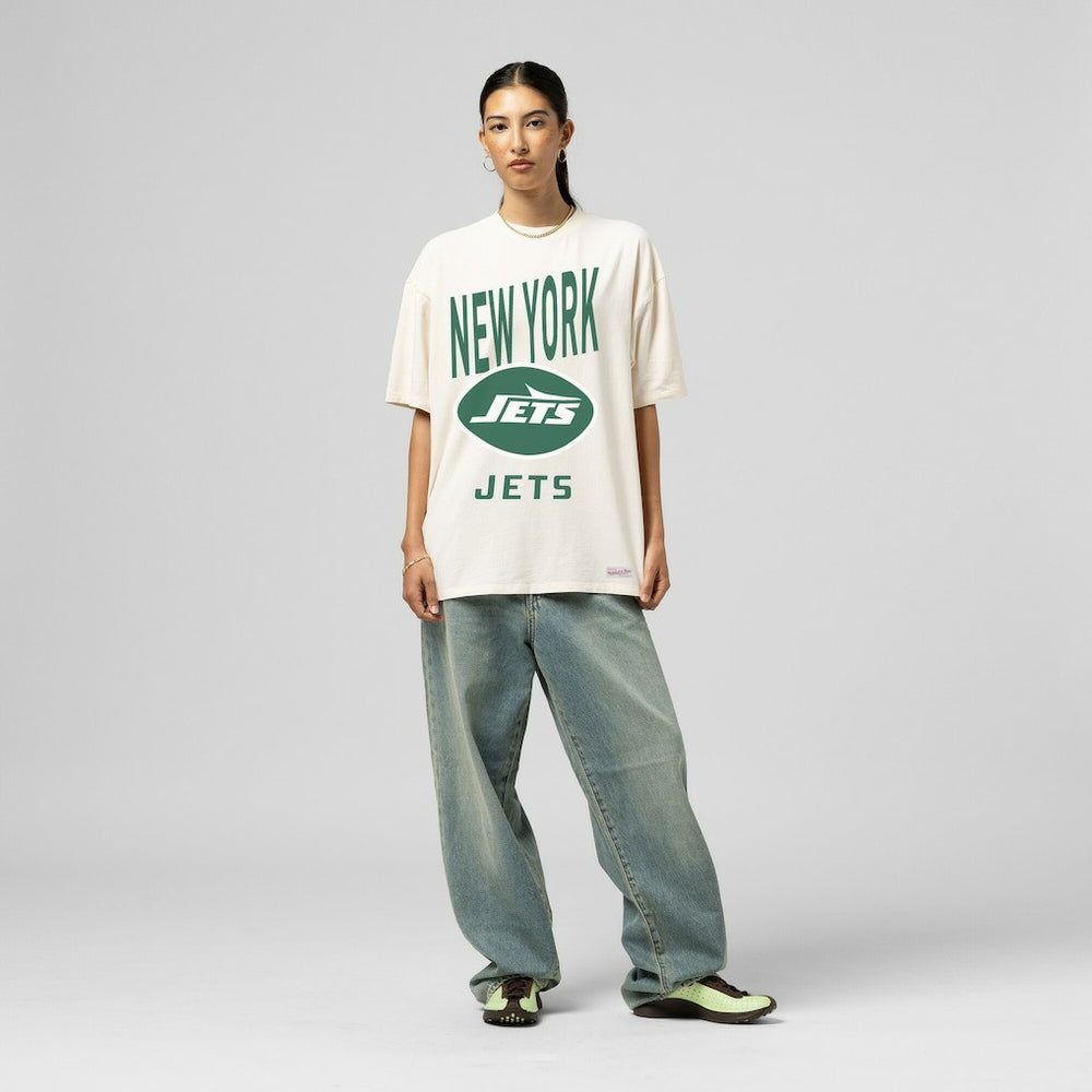 New York Jets Women's Logo Rise Boyfriend T-Shirt - Cream - Mitchell & Ness
