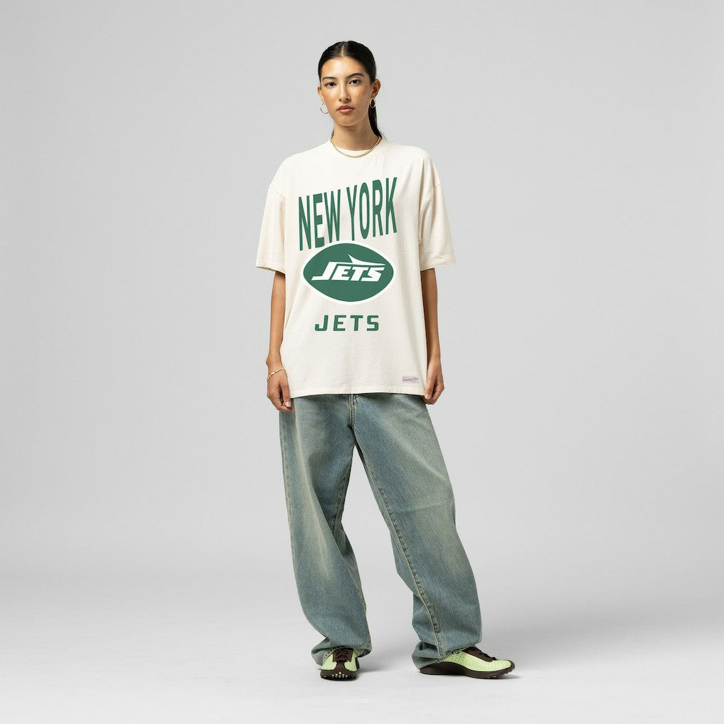New York Jets Women's Logo Rise Boyfriend T-Shirt - Cream - Mitchell & Ness