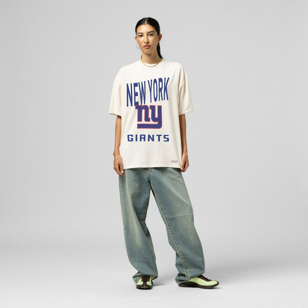 New York Giants Women's Logo Rise Boyfriend T-Shirt - Cream - Mitchell & Ness