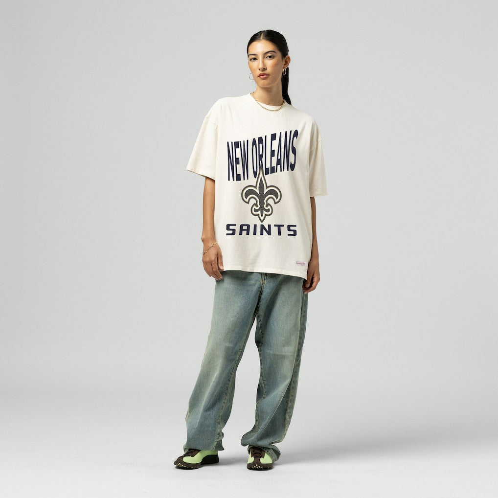 New Orleans Saints Women's Logo Rise Boyfriend T-Shirt - Cream - Mitchell & Ness