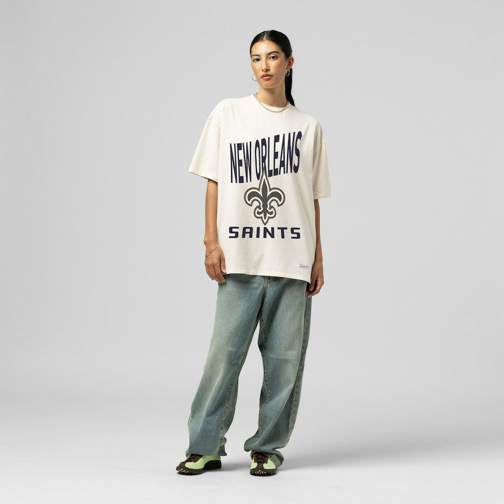 New Orleans Saints Women's Logo Rise Boyfriend T-Shirt - Cream - Mitchell & Ness