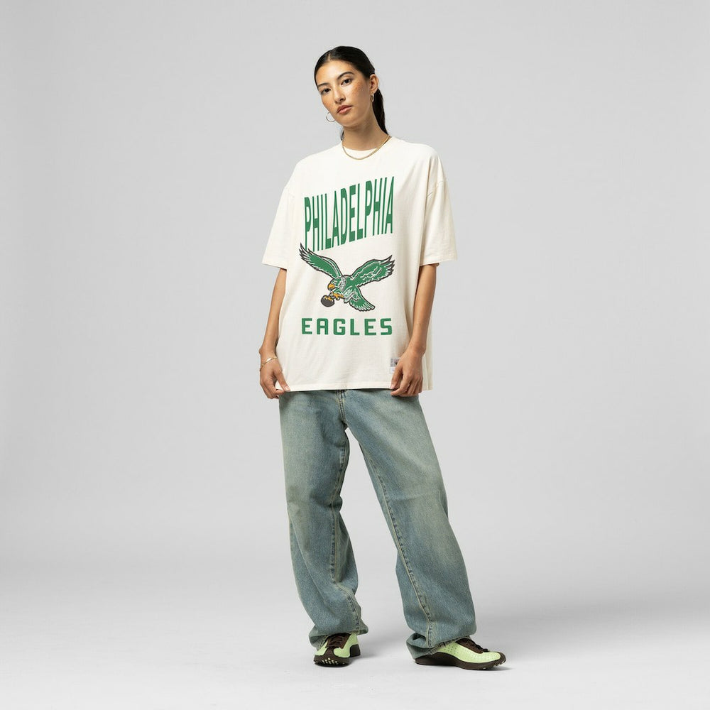 Philadelphia Eagles Women's Logo Rise Boyfriend T-Shirt - Cream - Mitchell & Ness