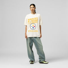 Pittsburgh Steelers Women's Logo Rise Boyfriend T-Shirt - Cream - Mitchell & Ness