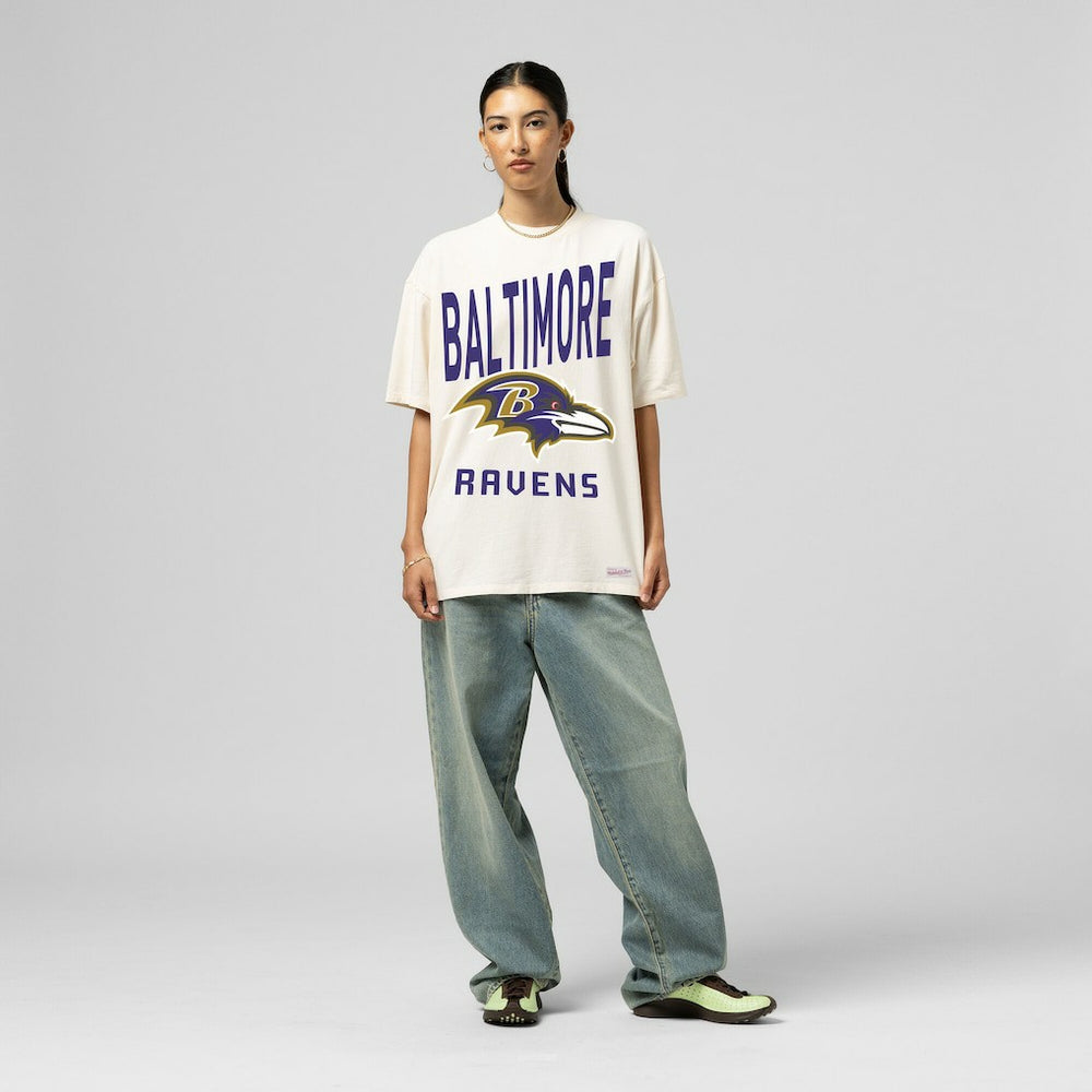 Baltimore Ravens Women's Logo Rise Boyfriend T-Shirt - Cream - Mitchell & Ness