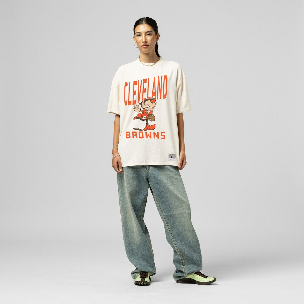 Cleveland Browns Women's Logo Rise Boyfriend T-Shirt - Cream - Mitchell & Ness
