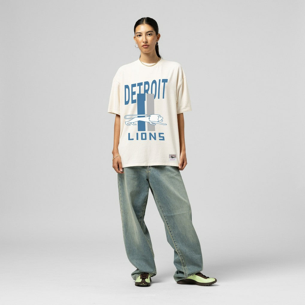 Detroit Lions Women's Logo Rise Boyfriend T-Shirt - Cream - Mitchell & Ness
