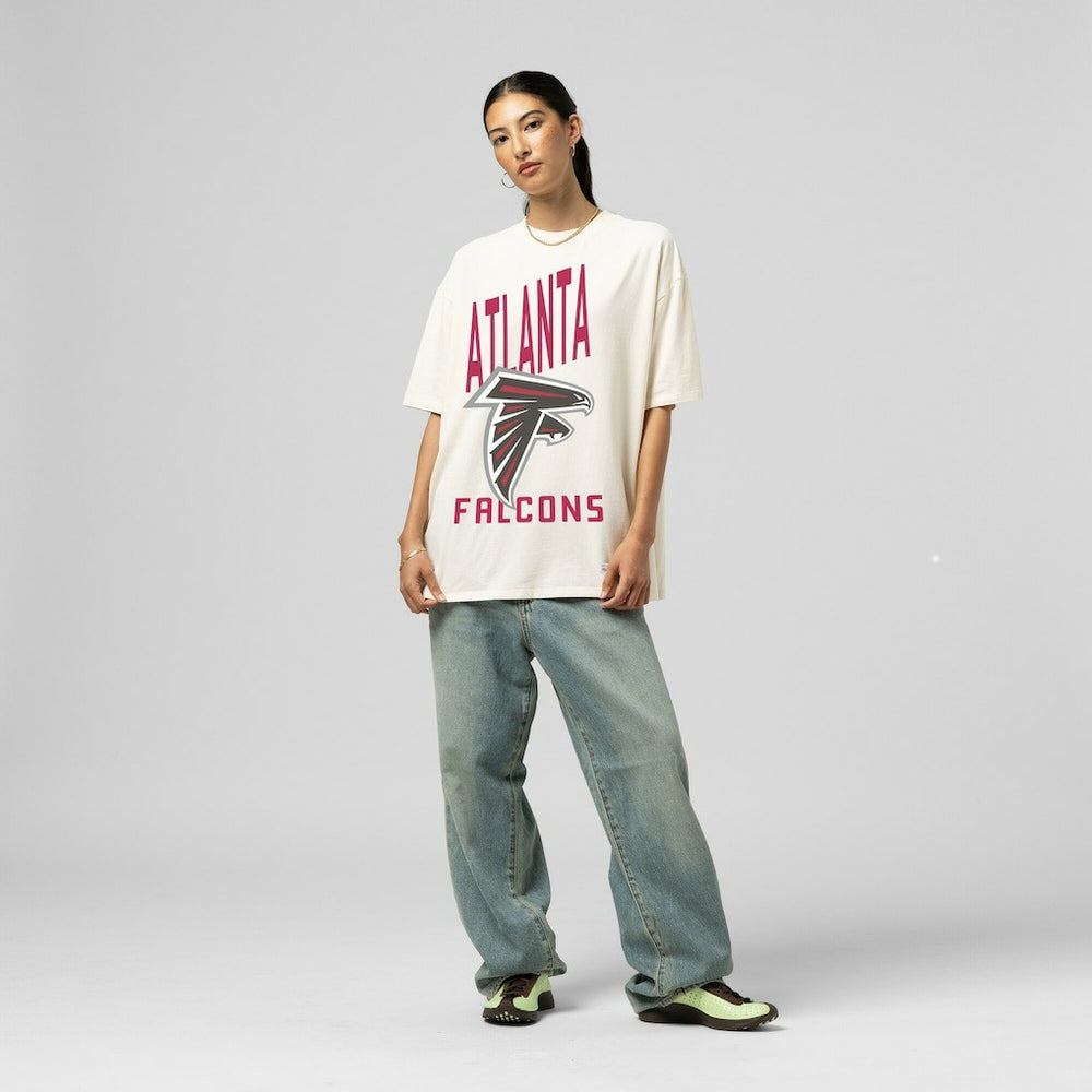 Atlanta Falcons Women's Logo Rise Boyfriend T-Shirt - Cream - Mitchell & Ness