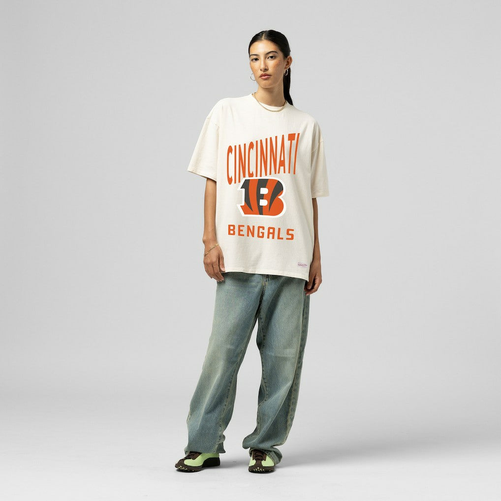 Cincinnati Bengals Women's Logo Rise Boyfriend T-Shirt - Cream - Mitchell & Ness