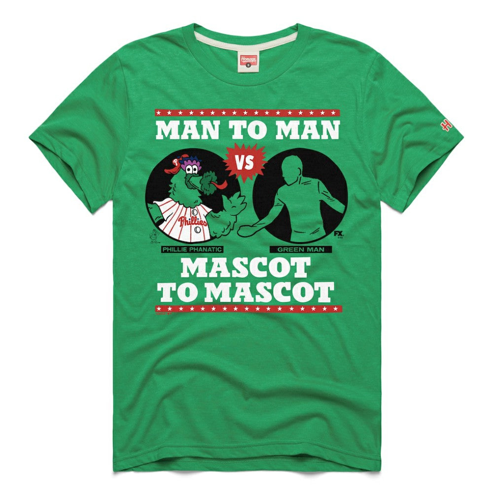 Philadelphia Phillies x It's Always Sunny in Philadelphia Homage Male Adult Phillie Phanatic vs Green Man T-Shirt Discount