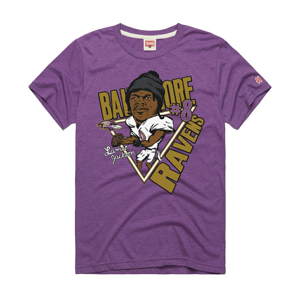 Lamar Jackson Baltimore Ravens Homage Unisex Caricature Player Graphic Tri-Blend T-Shirt - Purple - NFL