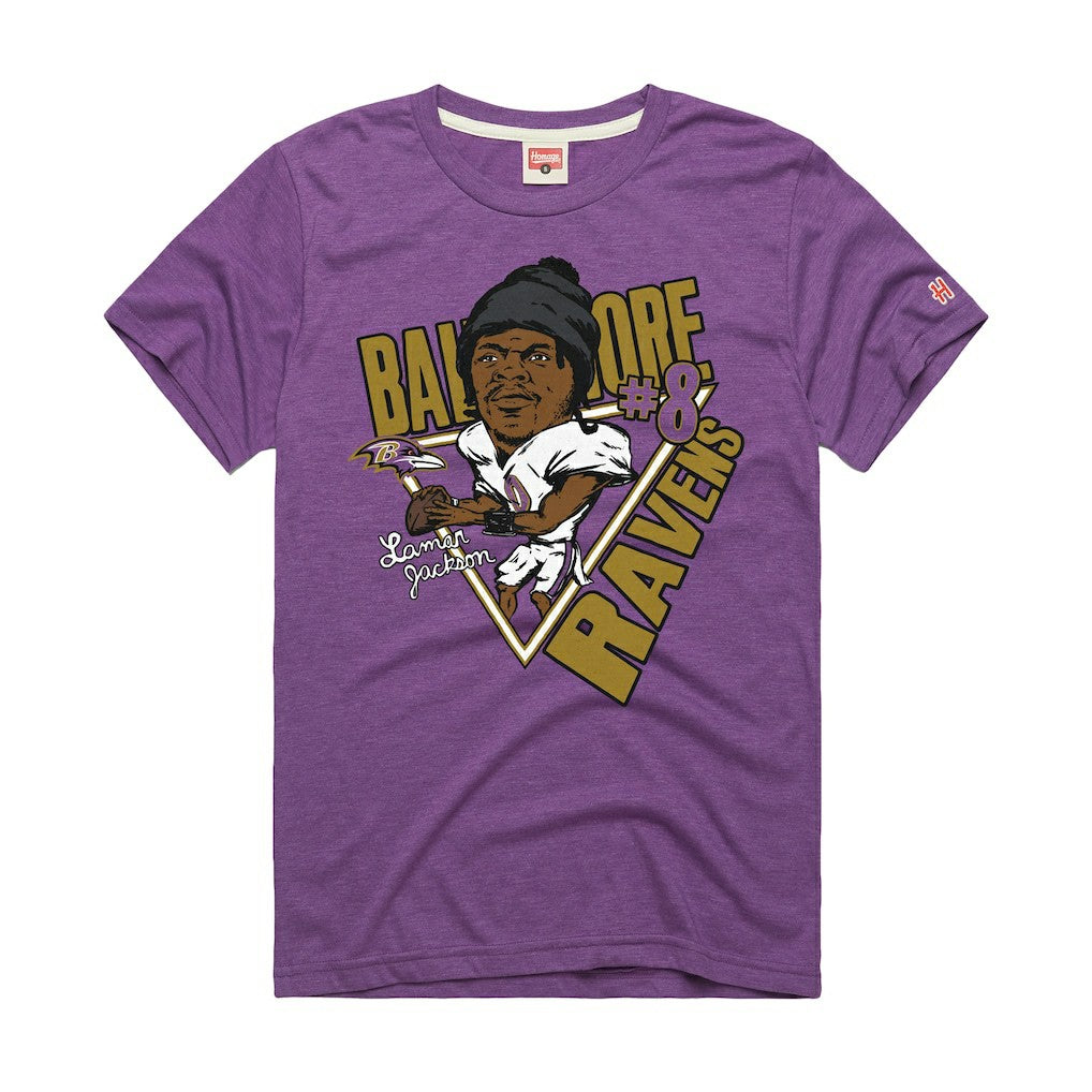 Lamar Jackson Baltimore Ravens Homage Unisex Caricature Player Graphic Tri-Blend T-Shirt - Purple - NFL