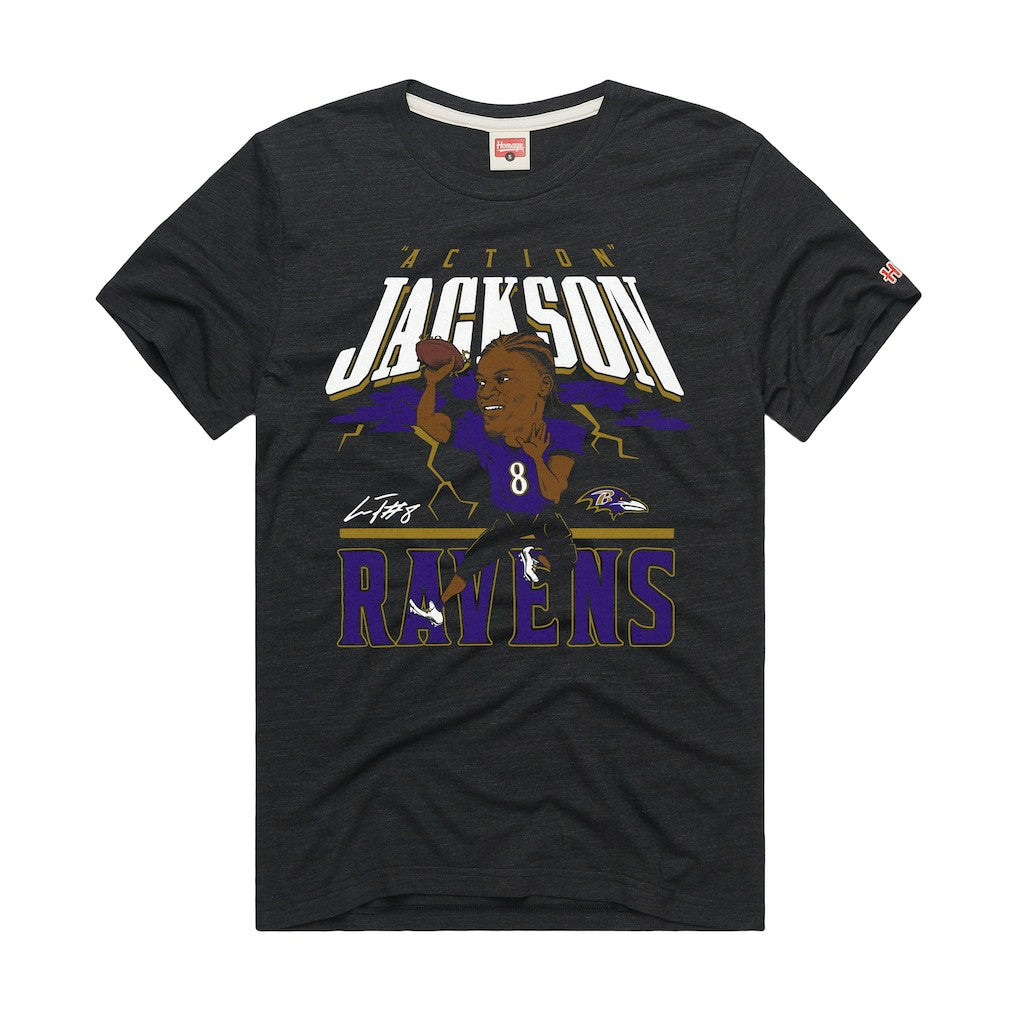 Lamar Jackson Baltimore Ravens Homage Unisex Caricature Player Graphic Tri-Blend T-Shirt - Charcoal - NFL