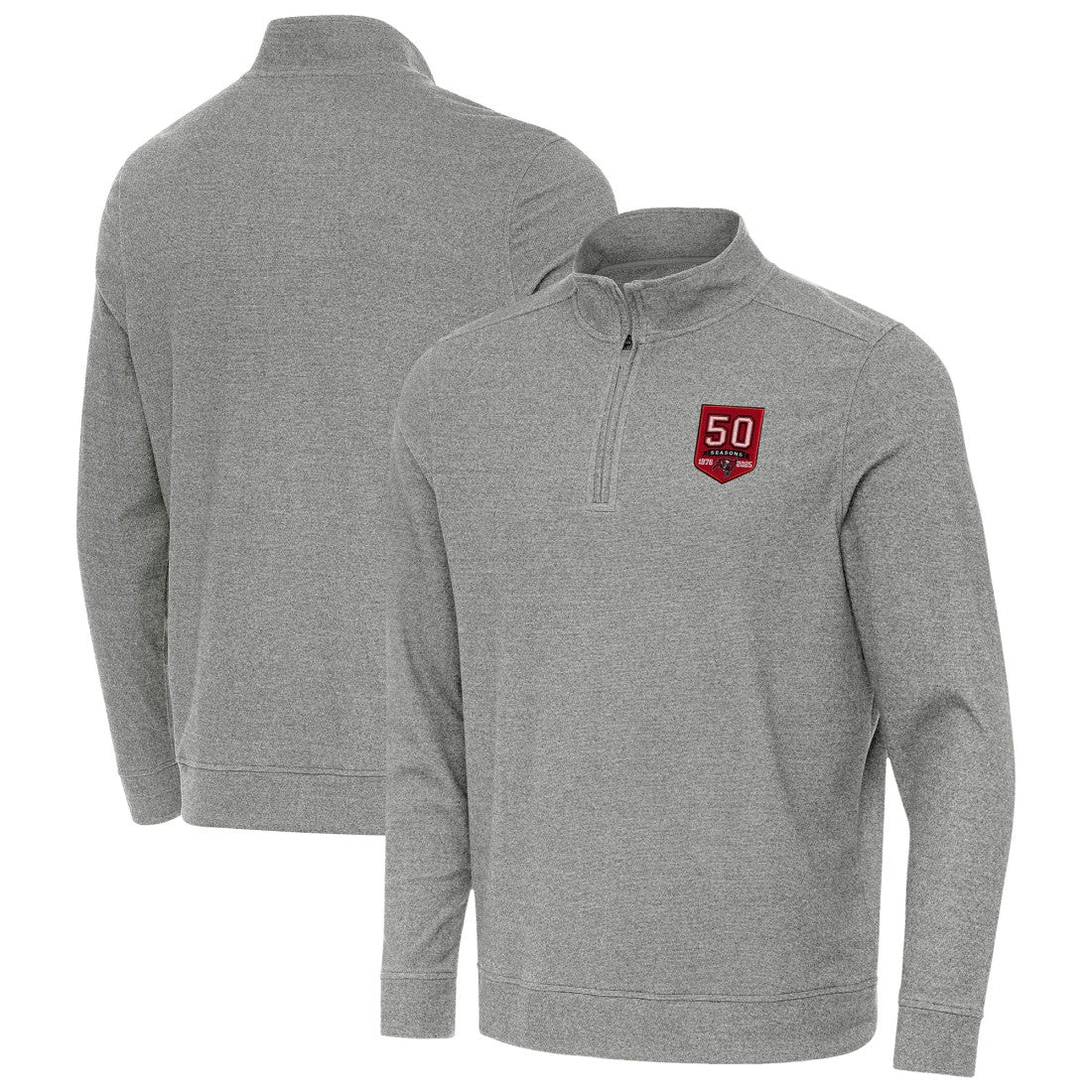 Tampa Bay Buccaneers Antigua 50th Season Subtle Quarter-Zip Sweatshirt - Heather Black - NFL