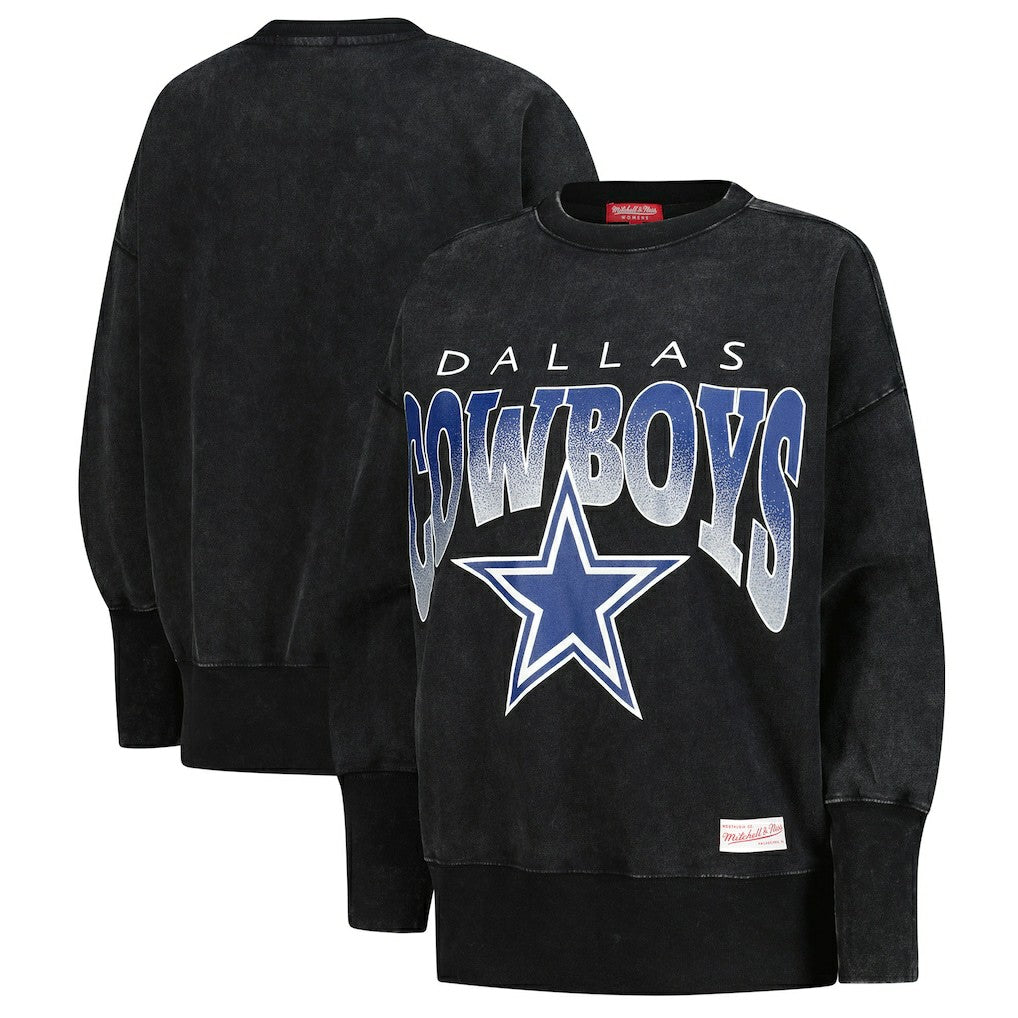 Dallas Cowboys Women's Delineate Mineral Wash Crewneck Sweatshirt - Black - Mitchell & Ness