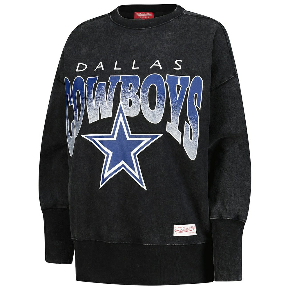 Dallas Cowboys Women's Delineate Mineral Wash Crewneck Sweatshirt - Black - Mitchell & Ness