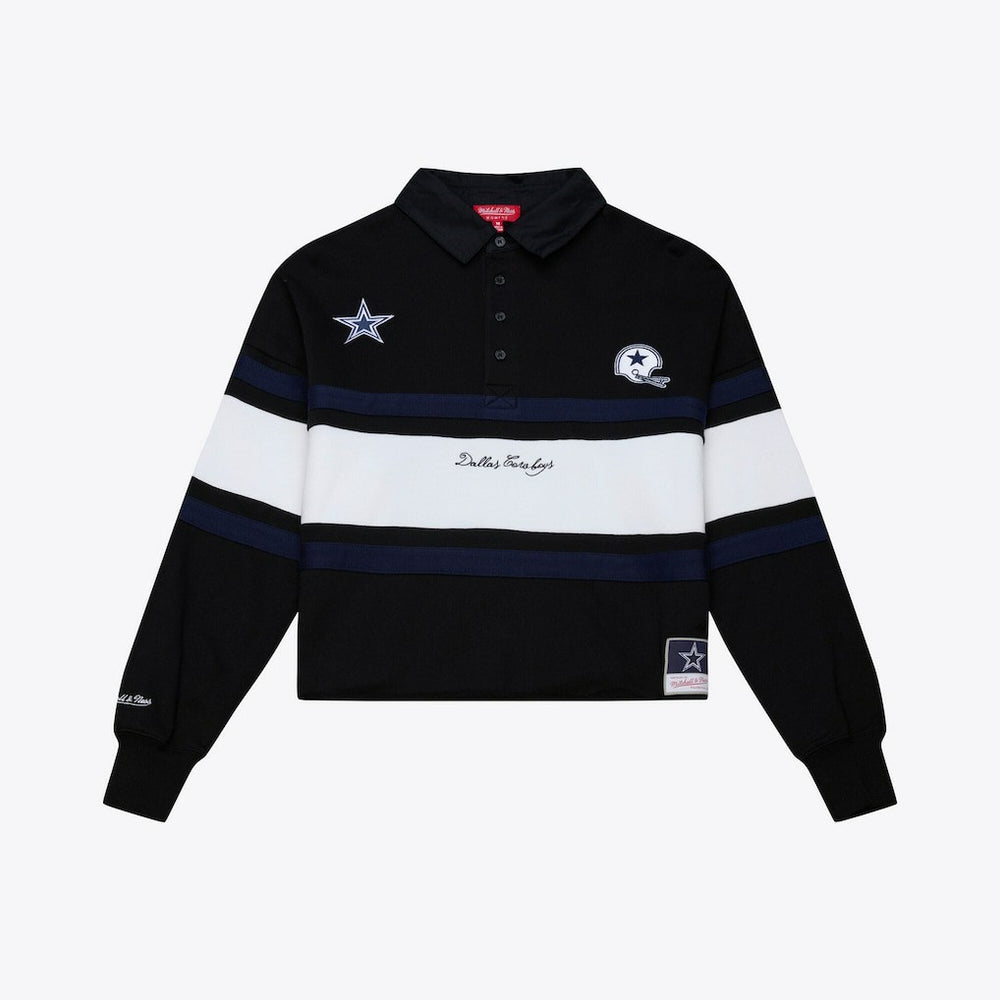 Dallas Cowboys Women's Cropped Long Sleeve Rugby Polo - Black - Mitchell & Ness