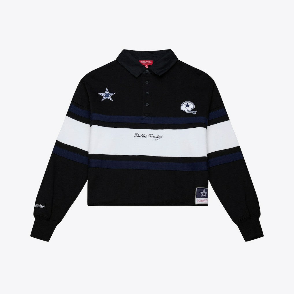 Dallas Cowboys Women's Cropped Long Sleeve Rugby Polo - Black - Mitchell & Ness