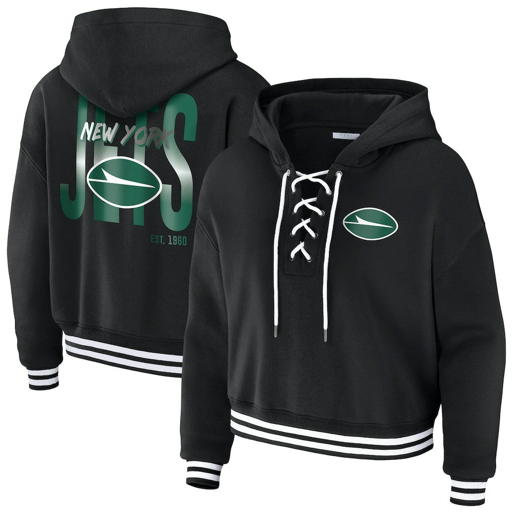 New York Jets WEAR by Erin Andrews Women's Lace-Up Fleece Hoodie - Black - NFL